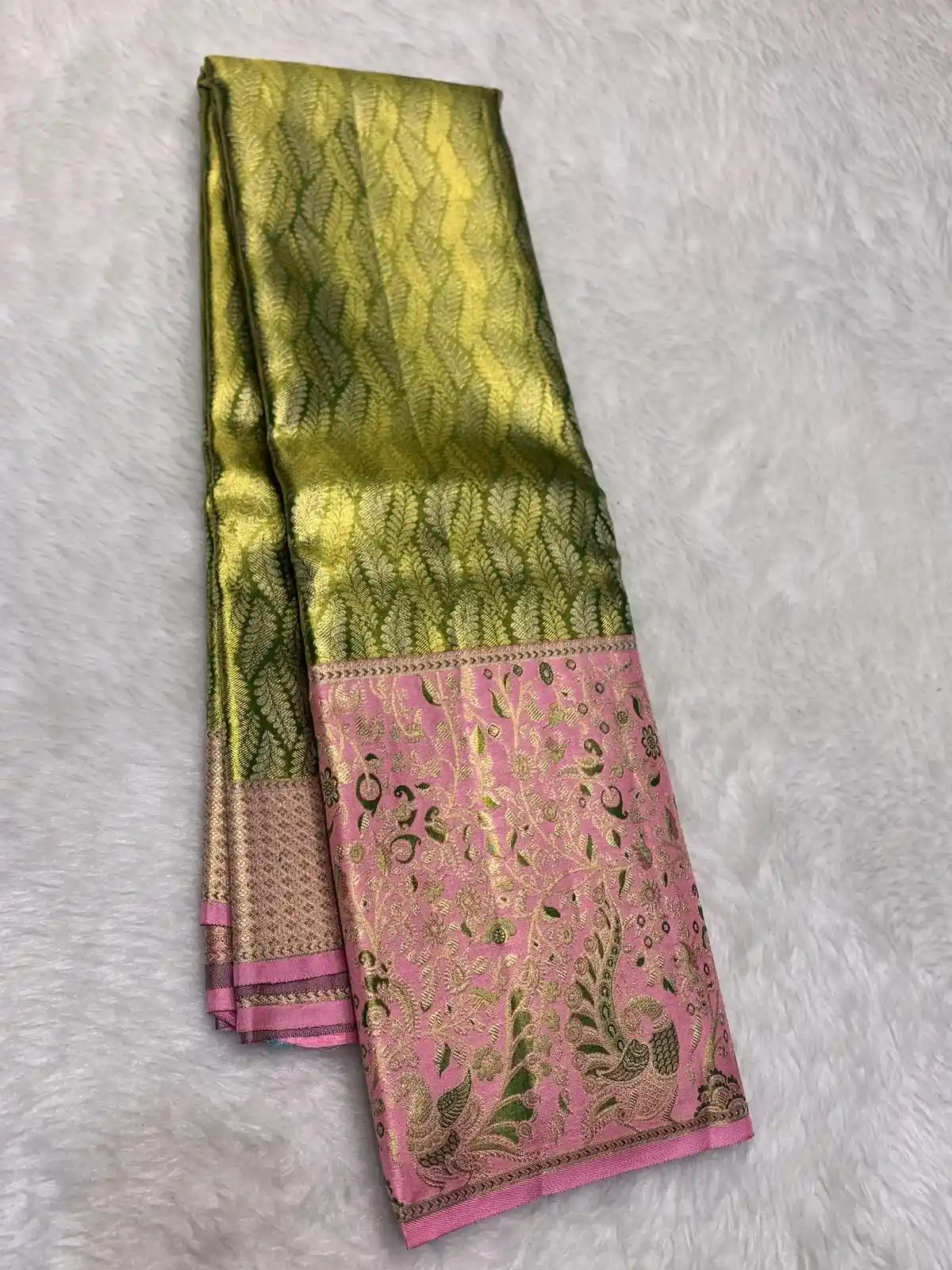 Peach Green Kanchipuram Handloom Bridal Silk Saree